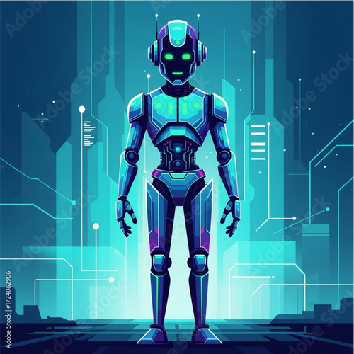 A futuristic humanoid robot with glowing green eyes stands in a digital cityscape.