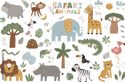 Large vector set of safari animals. Well suited for use in children's rooms, books, kindergarten and other kids design