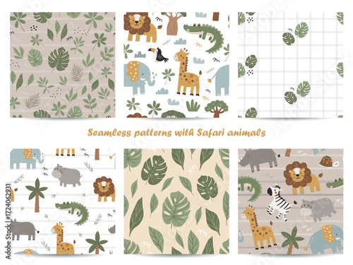 Vector set of seamless patterns with safari animals. Great for wallpaper, textiles, wrapping paper, greeting cards and other
