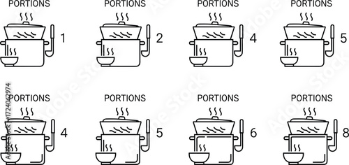 Cooking Pot Portion Icon Set Featuring Steam, Bowls, and Serving Sizes for Food, Nutrition, Education, and Graphic Design Projects
