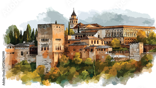 Alhambra Granada Spain Watercolor Vector Painting
