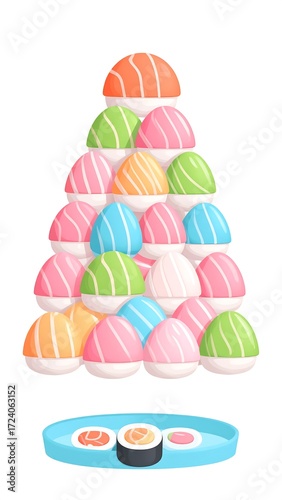 Colorful sushi-shaped items stacked in a triangular pyramid, with a plate of sushi underneath