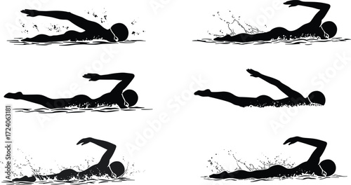 Freestyle swimming silhouette illustration, swimmer motion sequence, water splash action, athletic training, sports technique, black and white vector graphic