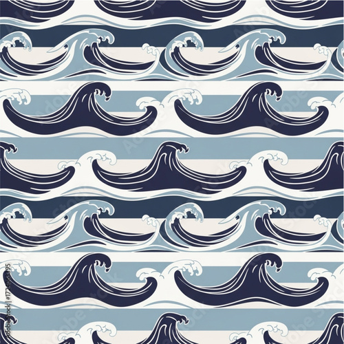 A seamless pattern of stylized dark blue ocean waves against a background of horizontal stripes in various shades of blue and cream.