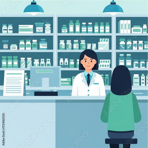 A pharmacist in a white coat stands behind a counter in a well-stocked pharmacy, serving a customer.