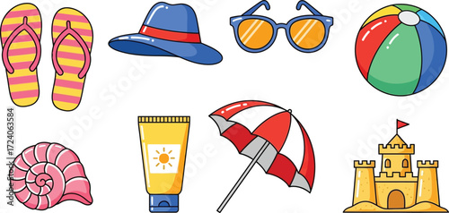 Summer beach vacation objects collection with sandcastle and sunscreen vector