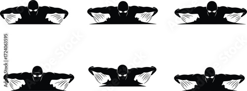 Muscular hooded figure push-up silhouette, fitness strength illustration, dramatic workout pose, black and white graphic for gym branding