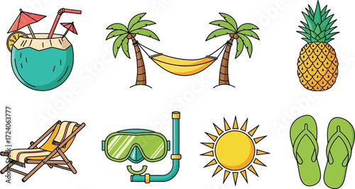 Tropical summer beach vacation elements collection flat design icons vector