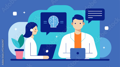 AIDriven Consultation A virtual consultation scene where a doctor discusses MRI results with a patient with an AI assistant providing realtime data analysis on a tablet.