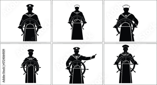 Ship captain silhouette set, steering wheel poses, maritime leadership illustration, black vector graphic for ocean navigation, sea travel, naval themes
