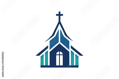 Blue and teal church with a cross sits in the middle against white