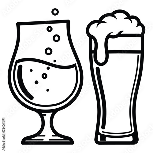 Vector art of two beer glasses with different styles of beer isolated on white background