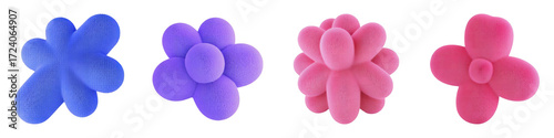 Four 3D Abstract Flower Shapes Blue Purple and Pink organic form isolated on a transparent background