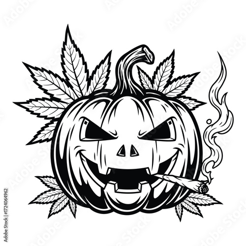 Vector art of a spooky pumpkin smokes a joint with cannabis leaves, isolated on white background