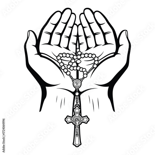 Vector art of hands holding a rosary with a cross, isolated on white background
