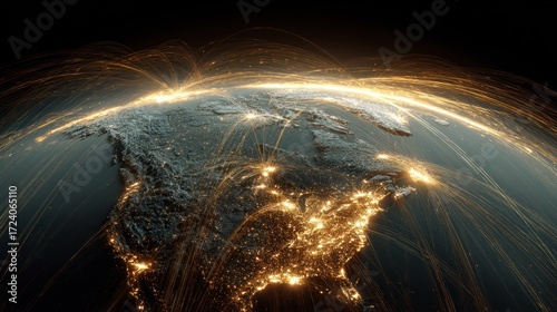 Earth, North America, glowing lines