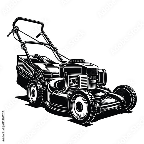 Vector art of a black and white illustration of a lawn mower isolated on white background