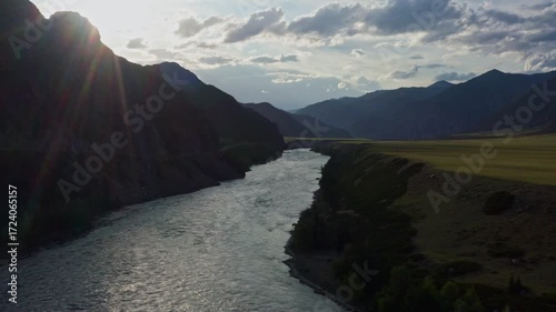 Aerial view of the valley with the river between the mountains
