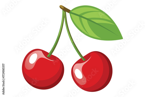 Two bright red cherries hang together, connected by green stems and a single leaf