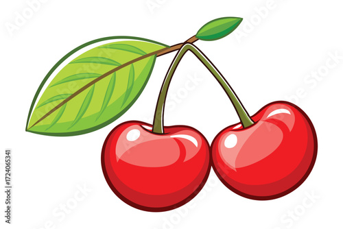 Two ripe red cherries dangle elegantly with a vibrant green leaf beside them