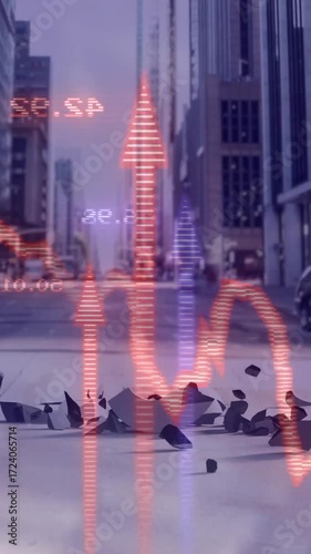 Earthquake animation over city street with cracked pavement and buildings