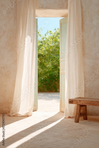 Sunlit doorway reveals serene outdoor greenery, soft curtains fl
