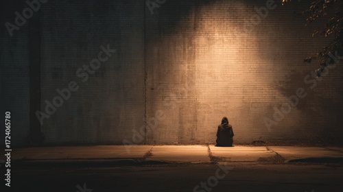 Lone figure in hoodie sits at night against urban wall in dim light