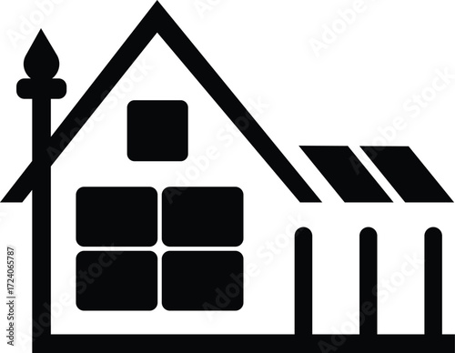Simple black house icon with chimney and solar panels for real estate or home services vector
