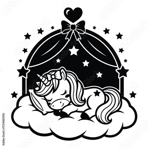 Vector art of cute sleeping unicorn on a cloud isolated on white background
