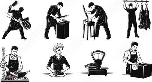 Butcher silhouettes, meat cutting, man chopping meat, woman preparing steak, butcher shop worker, 