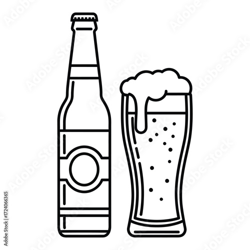 Vector art of beer bottle and glass with foam isolated on white background
