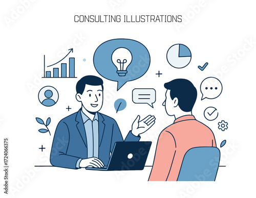 Consultation Illustration: Two men in a business consultation exchange of ideas with the help of graphic symbols, symbolizing the modern business and innovative partnership.