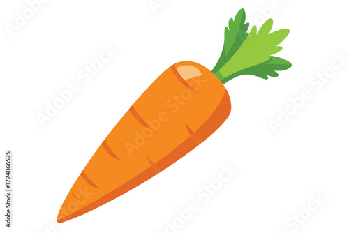 Bright orange carrot with fresh green leaves is displayed against a white backdrop