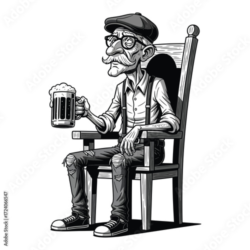 Vector art of an old man sits in a chair and drinks a beer