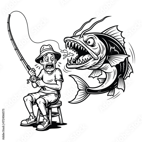 Vector art of a fisherman is shocked by a large fish he caught