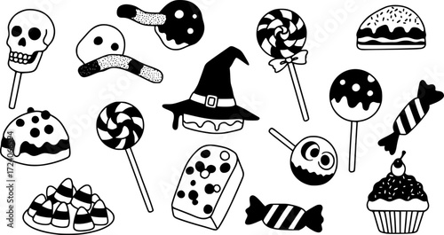 Spooky halloween icons set featuring pumpkins ghosts bats and candy white background
