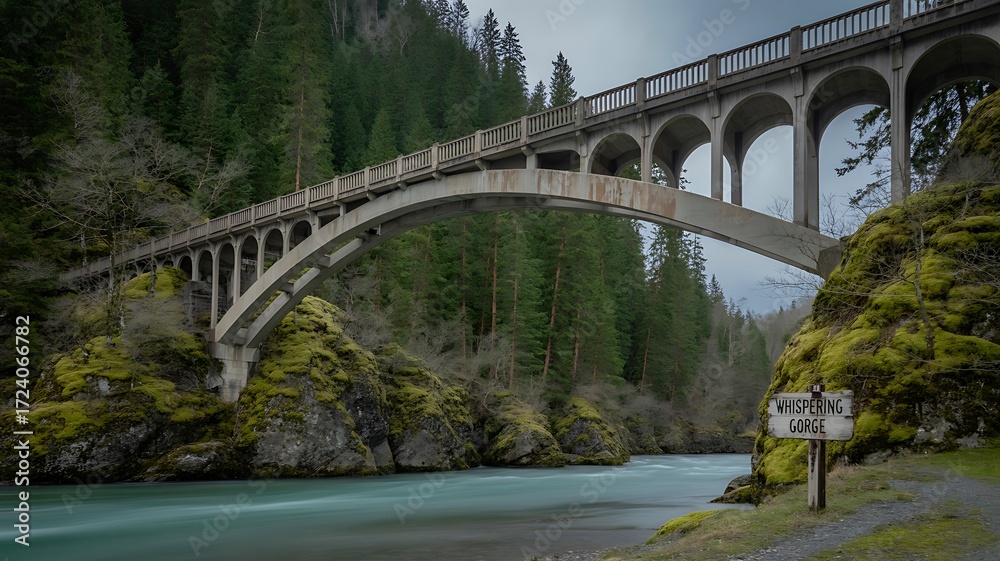 Fototapeta premium Scenic train bridge over turquoise river amidst lush green forest