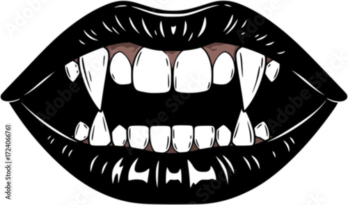 Vector illustration of vampire mouth with fangs in black and white drawing style
