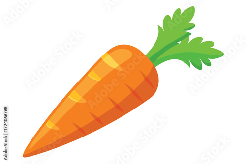 A bright orange carrot with detailed highlights and green leaves stands out clearly