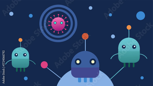 Cell Communication A depiction of nanobots communicating with healthy cells using small light signals to indicate information exchange.