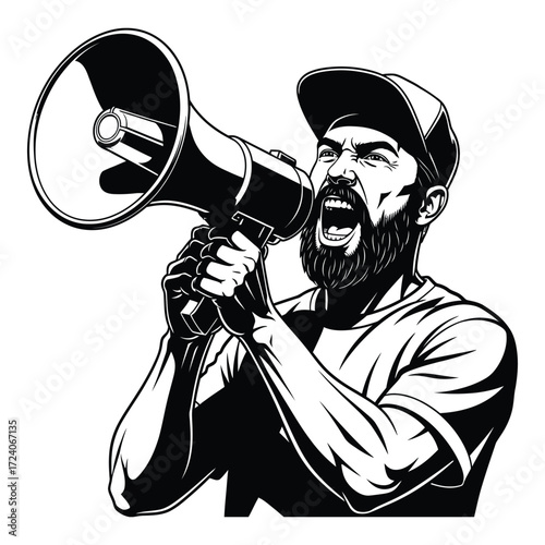 Vector art of a man shouting into a megaphone isolated on white background