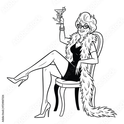 Vector art of elegant woman with a cocktail isolated on white background
