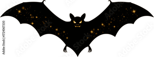 Halloween bat silhouette with sparkling stars on white, isolated background. Spooky vector graphic for autumn holiday decor, crafts, and seasonal design projects. High resolution 