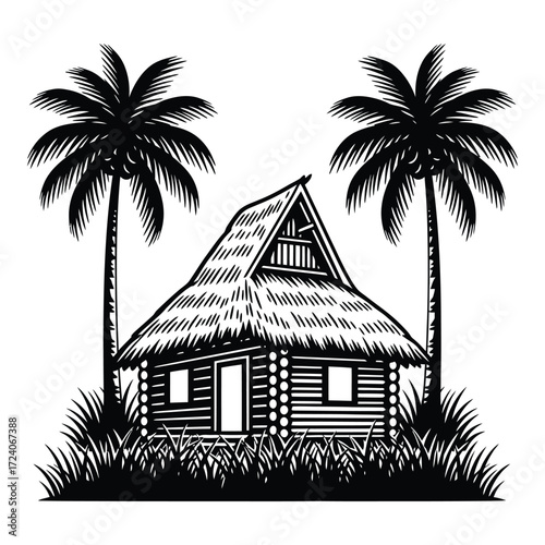 Vector art of a thatched hut sits between two palm trees isolated on white background