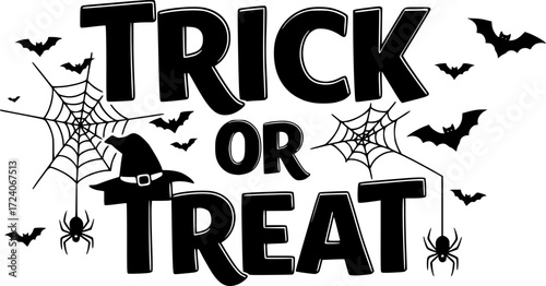 trick or treat halloween vector illustration with skull bats spiders web spooky typography black and white scary quote design
