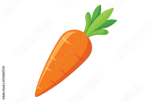 A vibrant orange cartoon carrot displays its green leaves against white backdrop
