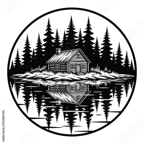 Vector art of black and white illustration of a cabin in the woods reflected in water
