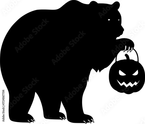 Silhouette of bear holding pumpkin lantern with spooky Halloween theme in minimal flat style, isolated black and white vector illustration

