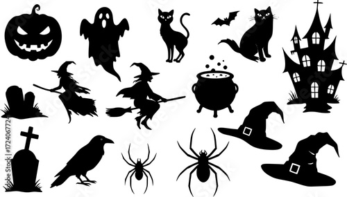 set of halloween element silhouette collection. Black and white vector editable file. pumpkin, ghost, cat, cauldron, horror house, female witch ride, owl, raven bird, skeleton, spider, witch hat