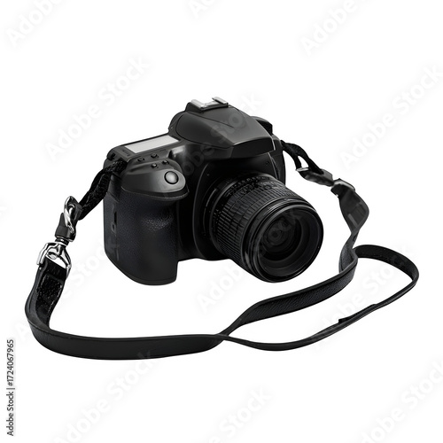Black DSLR Camera with Strap, isolated on transparent background